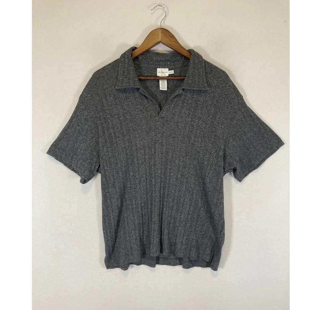 90s Aesthetic Calvin Klein Jeans Men XL Gray Ribbed Knit Short Sleeve Polo Shirt